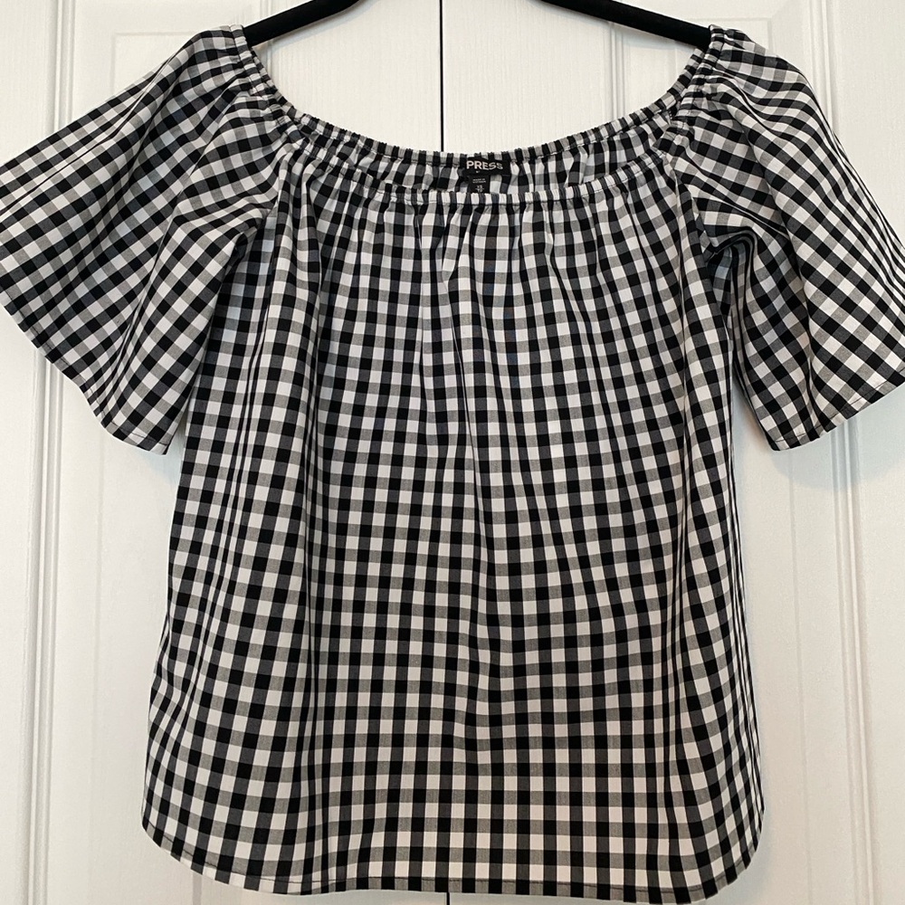 EUC (Like New without tags) Express B&W Gingham Off the Shoulder Blouse